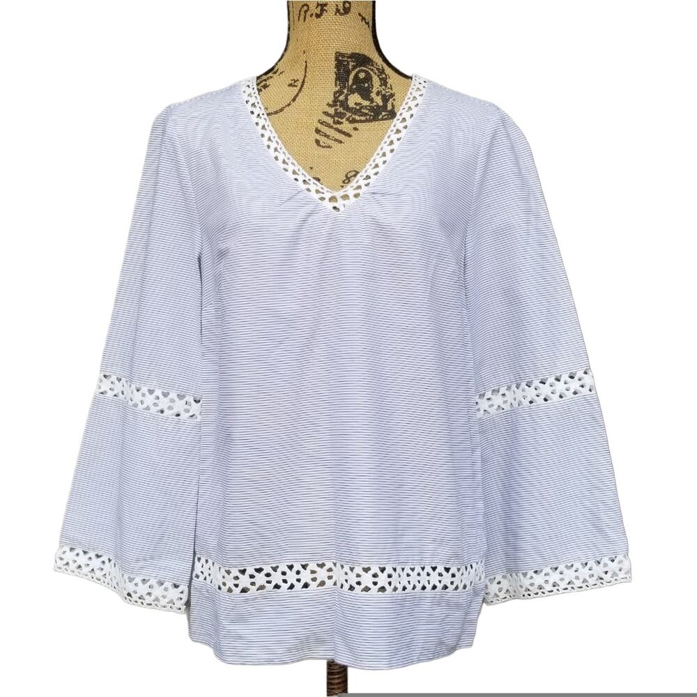 Size S Coastal Top Crochet Trim Blue White Nautical Stripe Small V-Neck New